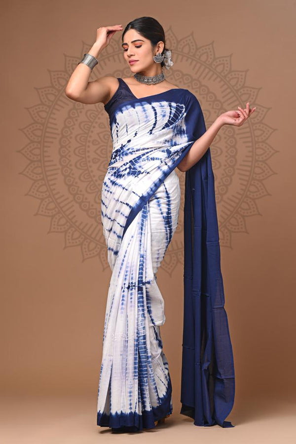 Navy White Shibori Printed Cotton Saree With Blouse