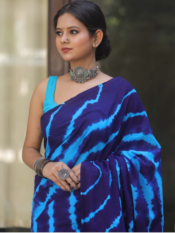 Blue Shibori Printed Cotton Saree With Blouse