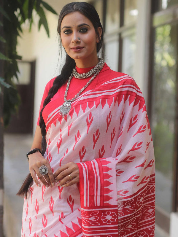 White Pink Ikkat Printed Cotton Saree With Blouse