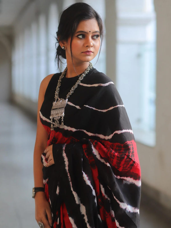 Black Shibori Printed Cotton Saree With Blouse