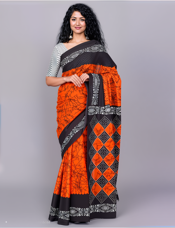 Black Red Printed Cotton Saree With Blouse