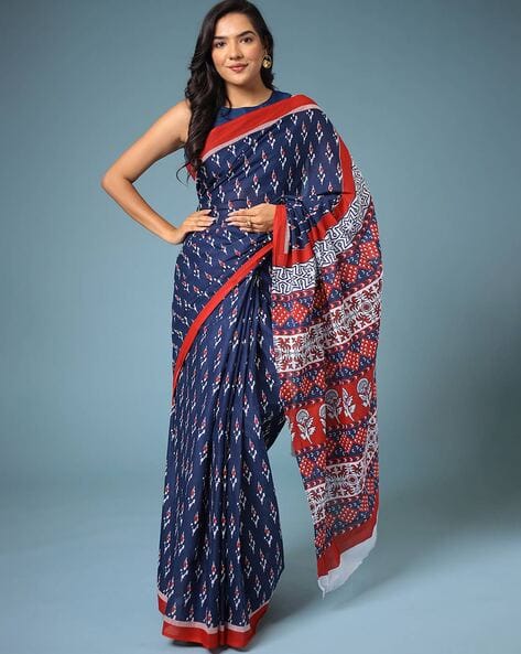 Navy Butta Printed Cotton Saree With Blouse