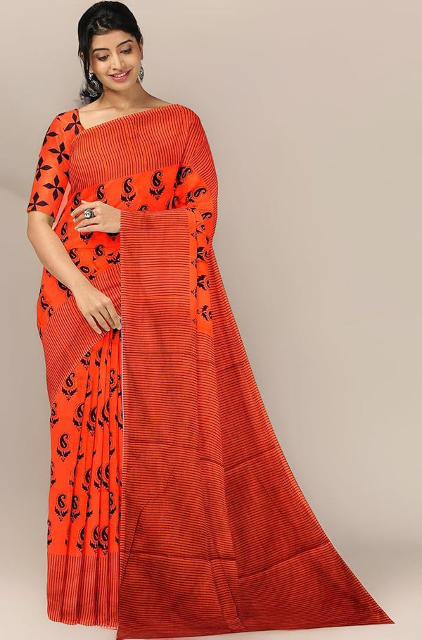 Red Keri Printed Cotton Saree With Blouse