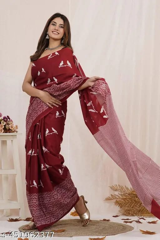 Maroon Birds Printed Cotton Saree With Blouse