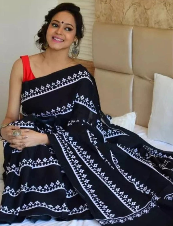 Black Printed Cotton Saree With Blouse