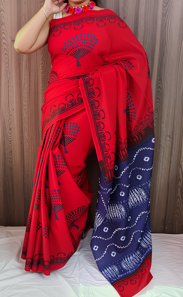 Red Printed Cotton Saree With Blouse