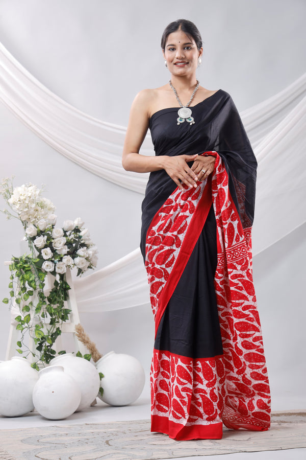 Black Printed Cotton Saree With Blouse