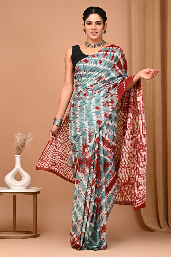 Red Grey Shibori Printed Cotton Saree With Blouse