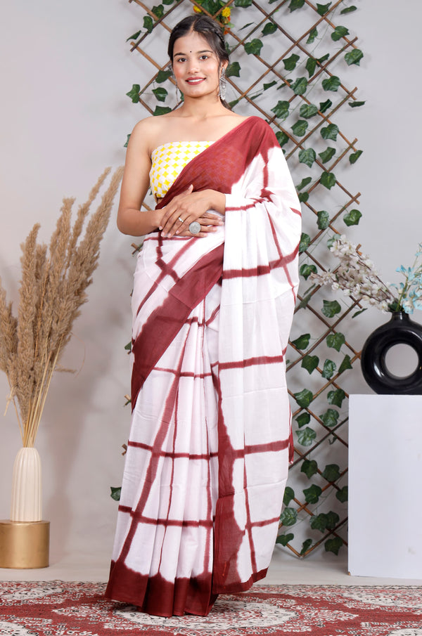 White Maroon Shibori Printed Cotton Saree With Blouse