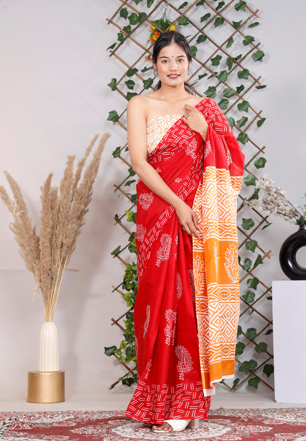 Red Butta Printed Cotton Saree With Blouse