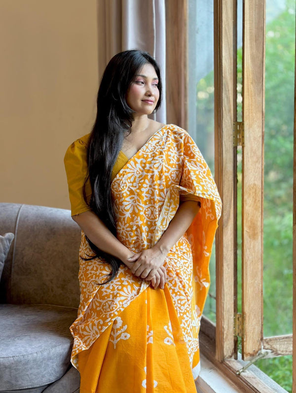 Dark Yellow Printed Cotton Saree With Blouse