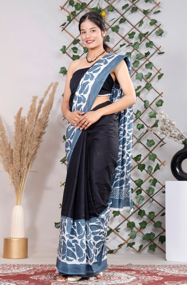 Black Printed Cotton Saree With Blouse