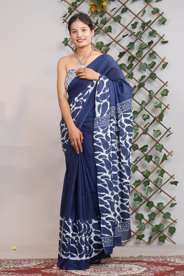 Navy Printed Cotton Saree With Blouse