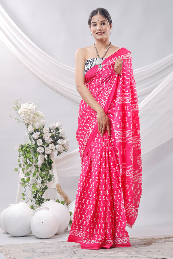 Pink Sanganeri Printed Cotton Saree With Blouse