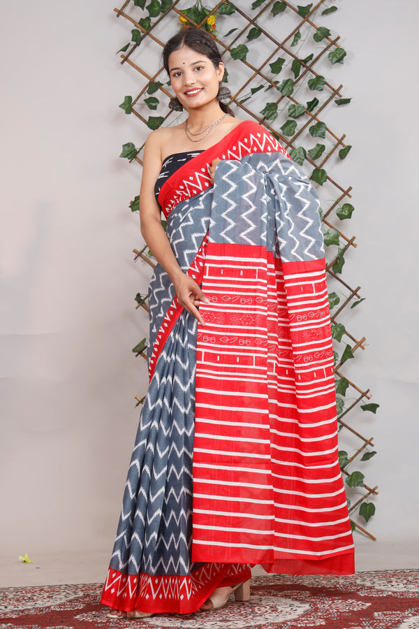 Grey Zigzag Printed Cotton Saree With Blouse