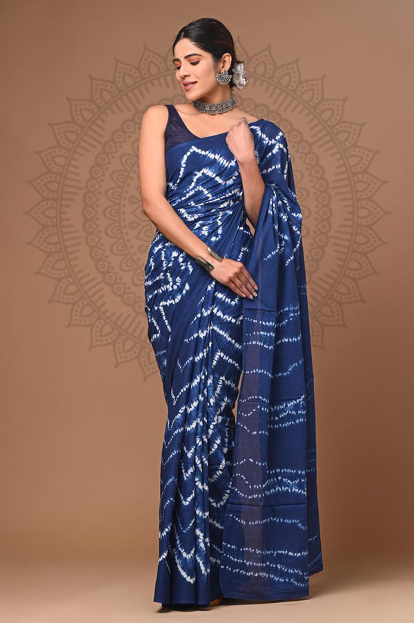 Blue Shibori Printed Cotton Saree With Blouse