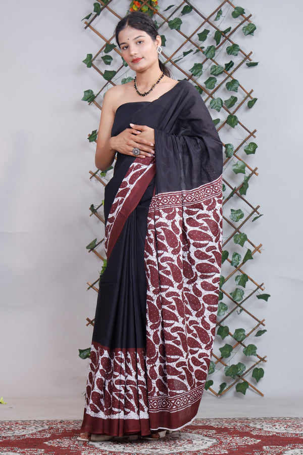 Black Printed Cotton Saree With Blouse & Keri Print At Pallu