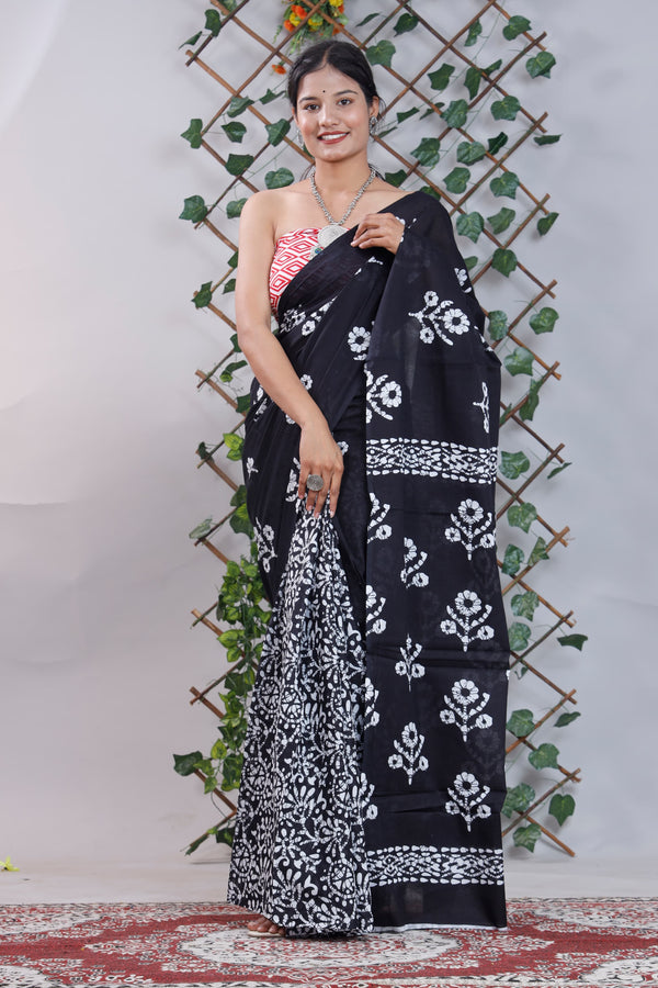 Black Butta Printed Cotton Saree With Blouse