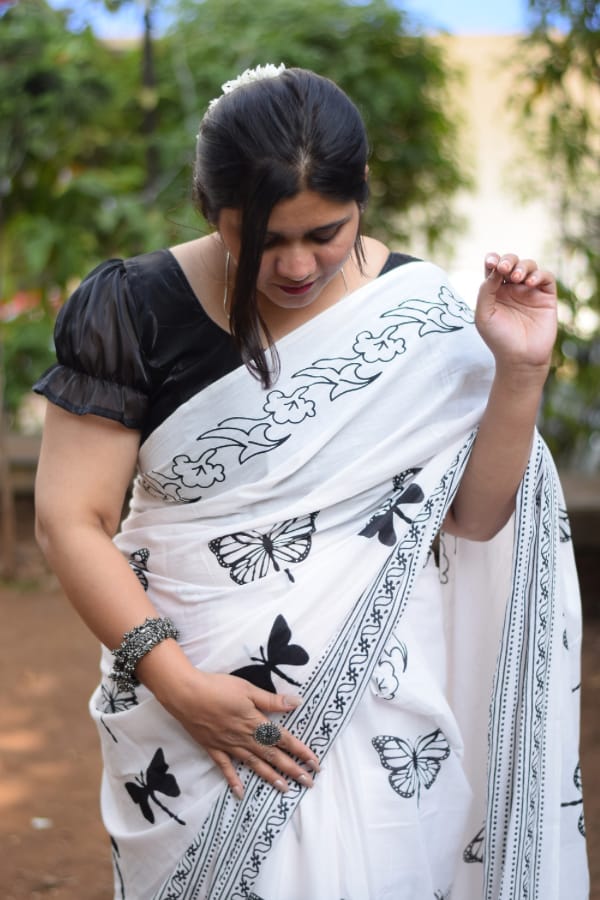 White Butterfly Printed Cotton Saree With Blouse