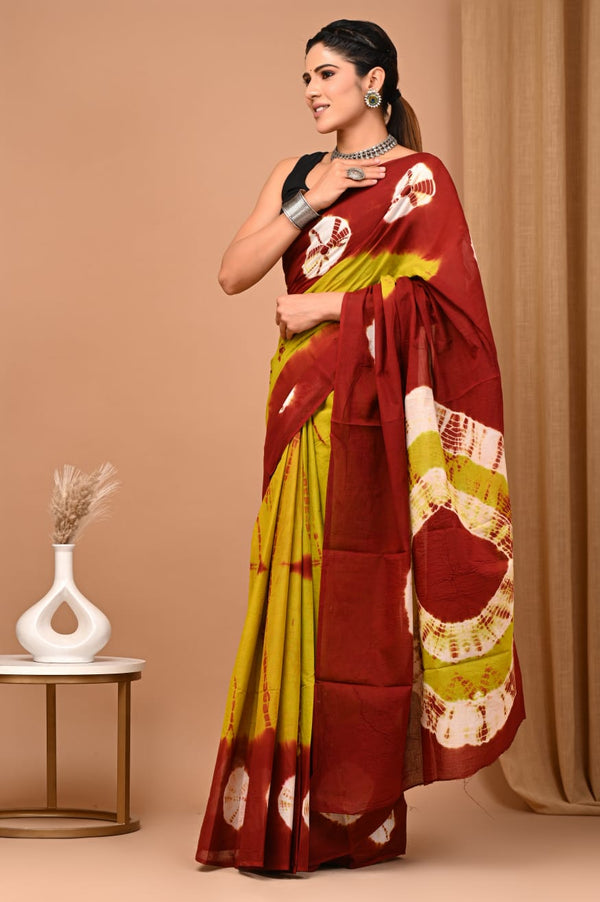 Red Green Shibori Printed Cotton Saree With Blouse