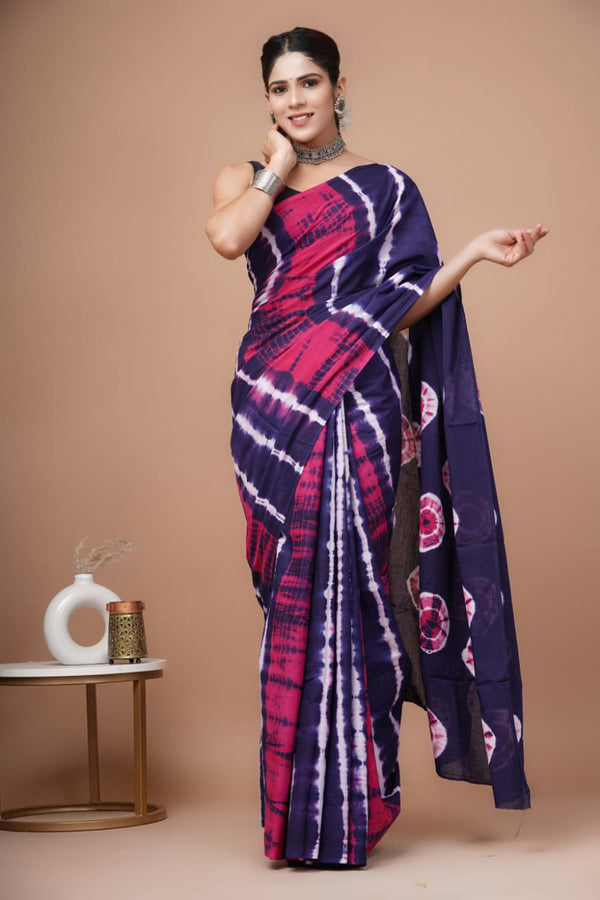 Multicolor Shibori Printed Cotton Saree With Blouse