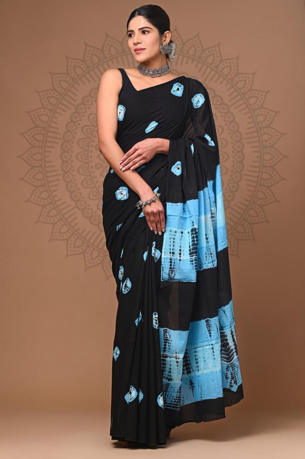 Black Shibori Printed Cotton Saree With Blouse