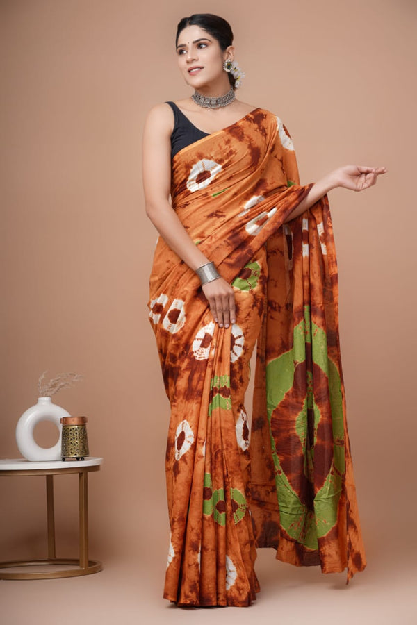 Orange Shibori Printed Cotton Saree With Blouse