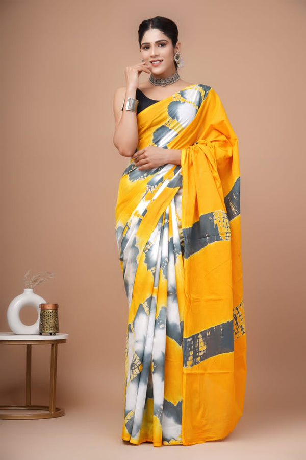 Yellow Abstract Printed Cotton Saree With Blouse