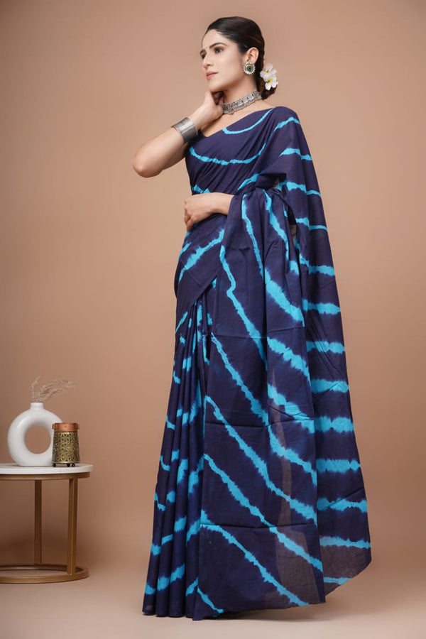 Navy Abstract Printed Cotton Saree With Blouse