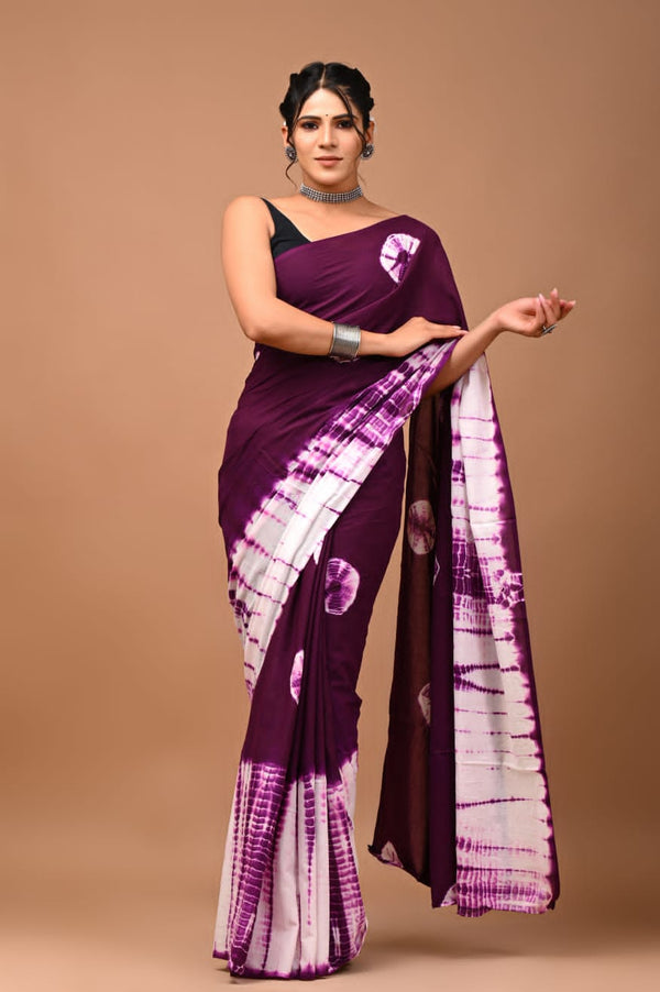 Vibrant Purple Shibori Printed Cotton Saree With Blouse