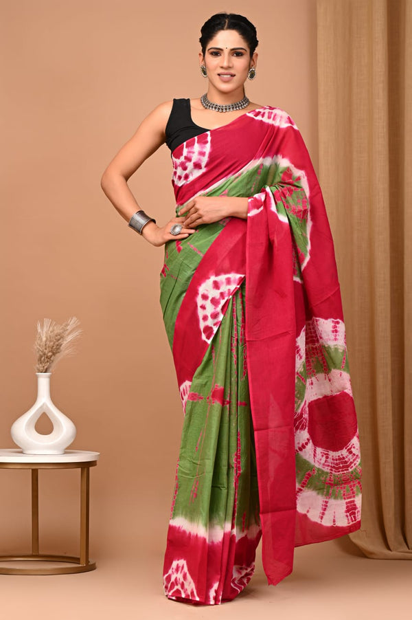 Green Rani Abstract Printed Cotton Saree With Blouse