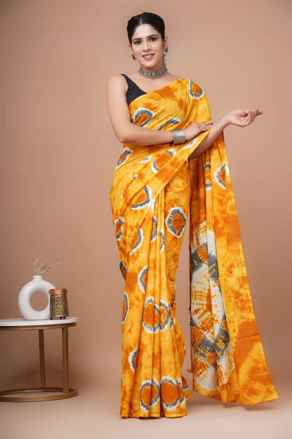 Yellow Shibori Printed Cotton Saree With Blouse