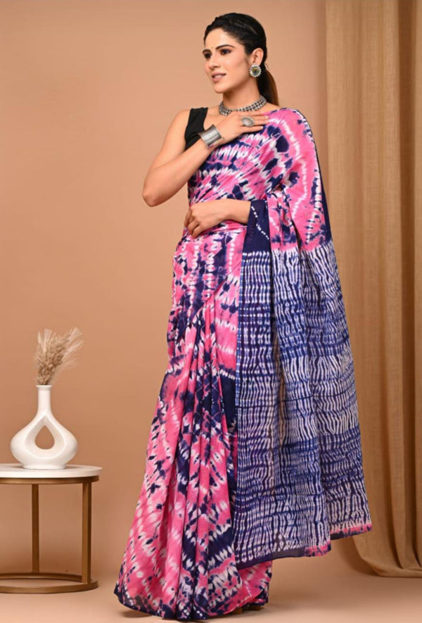 Pink Shibori Printed Cotton Saree With Blouse