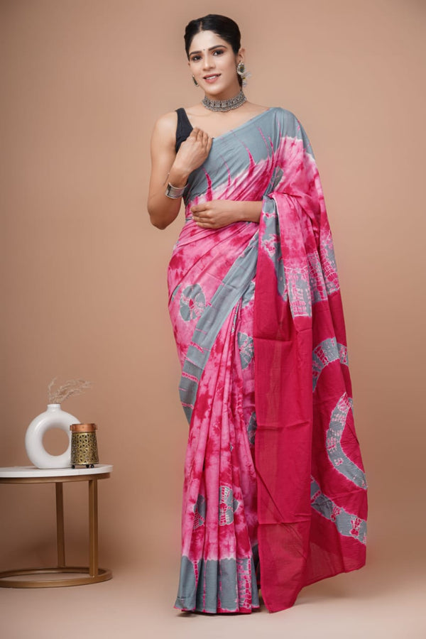 Rani Shibori Printed Cotton Saree With Blouse