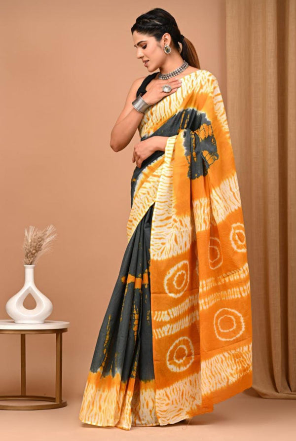 Dark Grey Mustard Shibori Printed Cotton Saree With Blouse