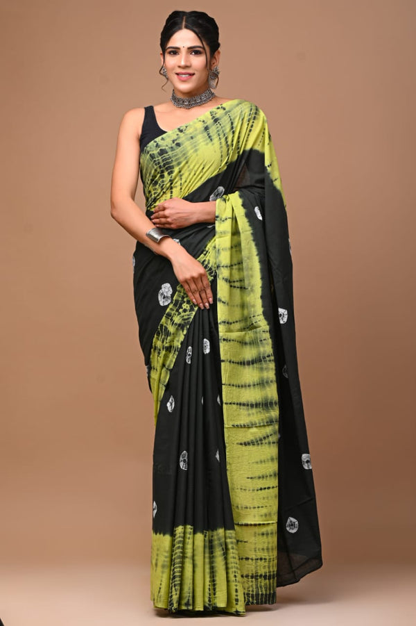 Black Green Shibori Printed Cotton Saree With Blouse