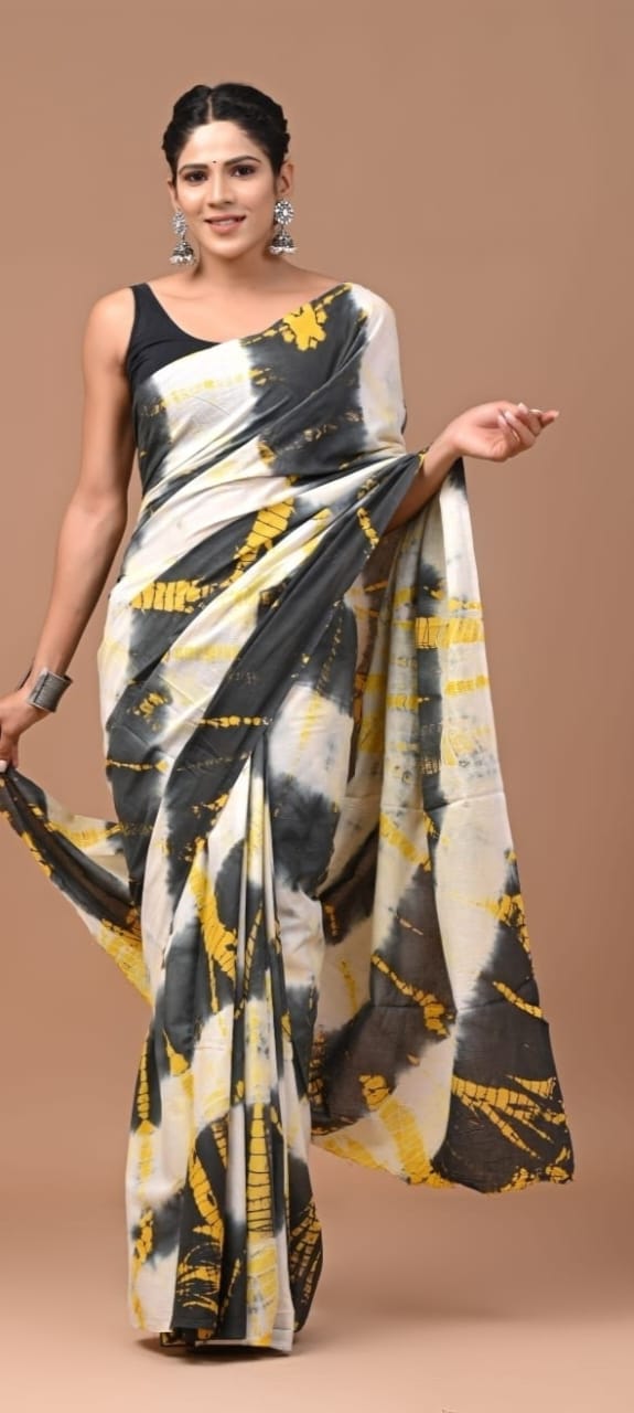 White Grey Shibori Printed Cotton Saree With Blouse