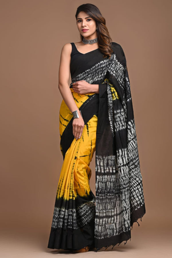 Black Yellow Shibori Printed Cotton Saree With Blouse