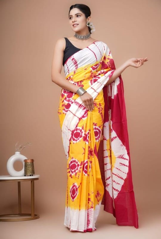 Multicolor Shibori Printed Cotton Saree With Blouse