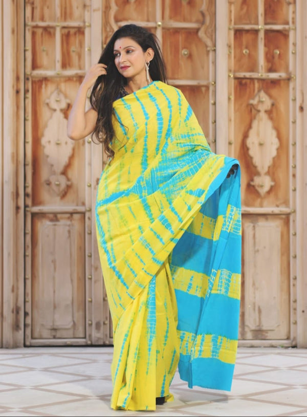 Yellow Turquoise Shibori Printed Cotton Saree With Blouse