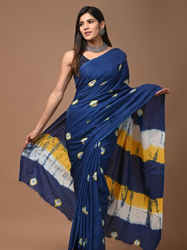 Navy Shibori Printed Cotton Saree With Blouse