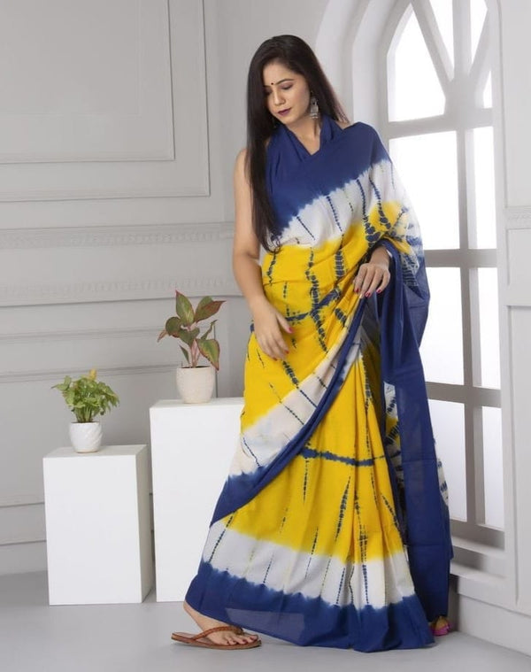 Navy Yellow Shibori Printed Cotton Saree With Blouse