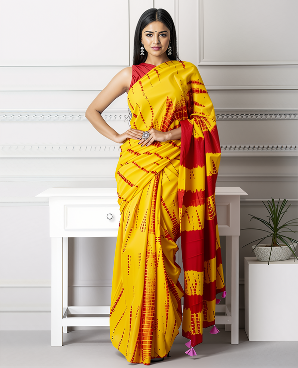 Vibrant Yellow Red Shibori Printed Cotton Saree With Blouse