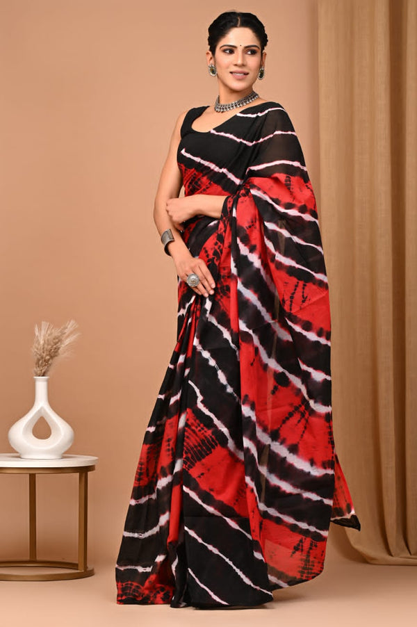 Vibrant Black Red Shibori Printed Cotton Saree With Blouse