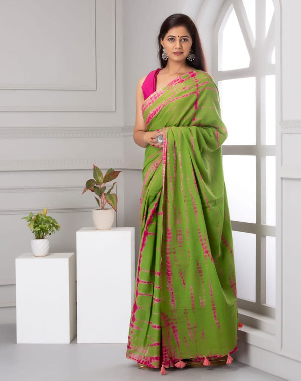 Green Shibori Printed Cotton Saree With Blouse