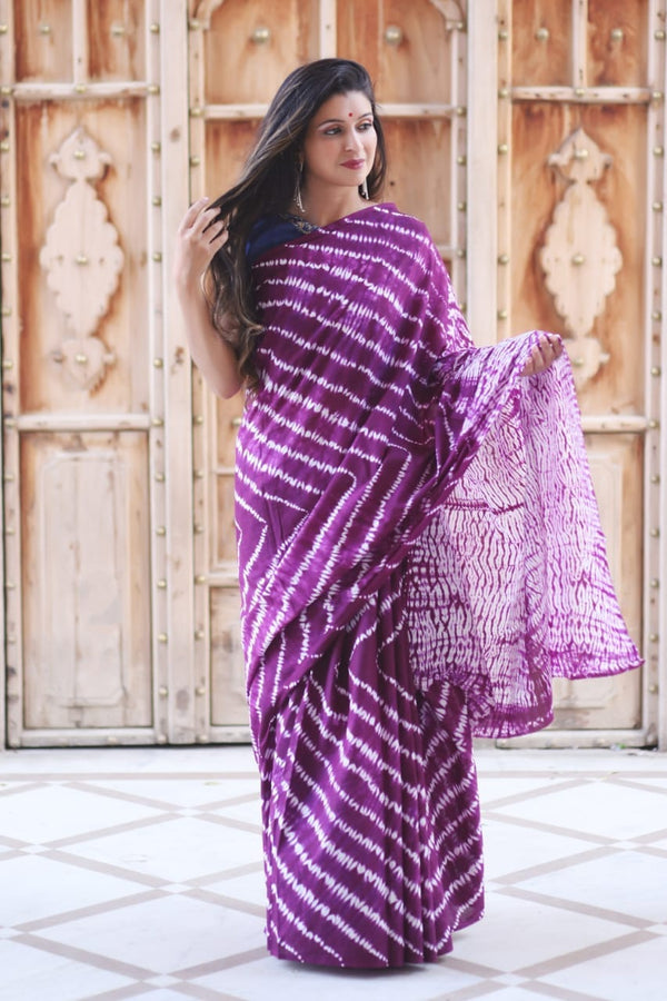 Purple Shibori Printed Cotton Saree With Blouse