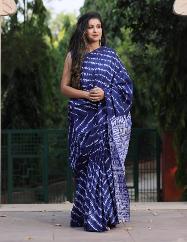 Blue Shibori Printed Cotton Saree With Blouse