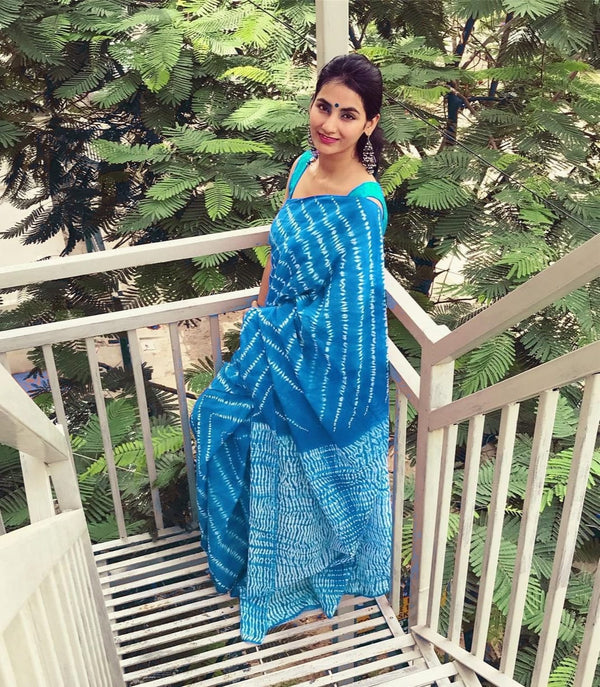 Turquoise Shibori Printed Cotton Saree With Blouse