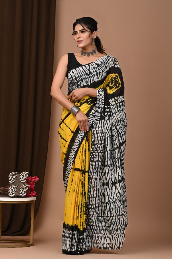 Yellow Black Shibori Printed Cotton Saree With Blouse