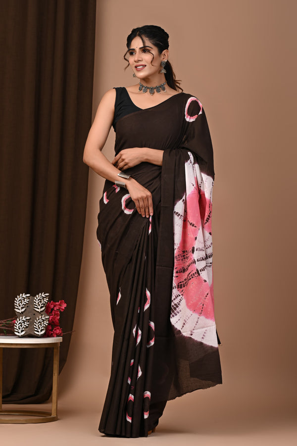 Tan Shibori Printed Cotton Saree With Blouse